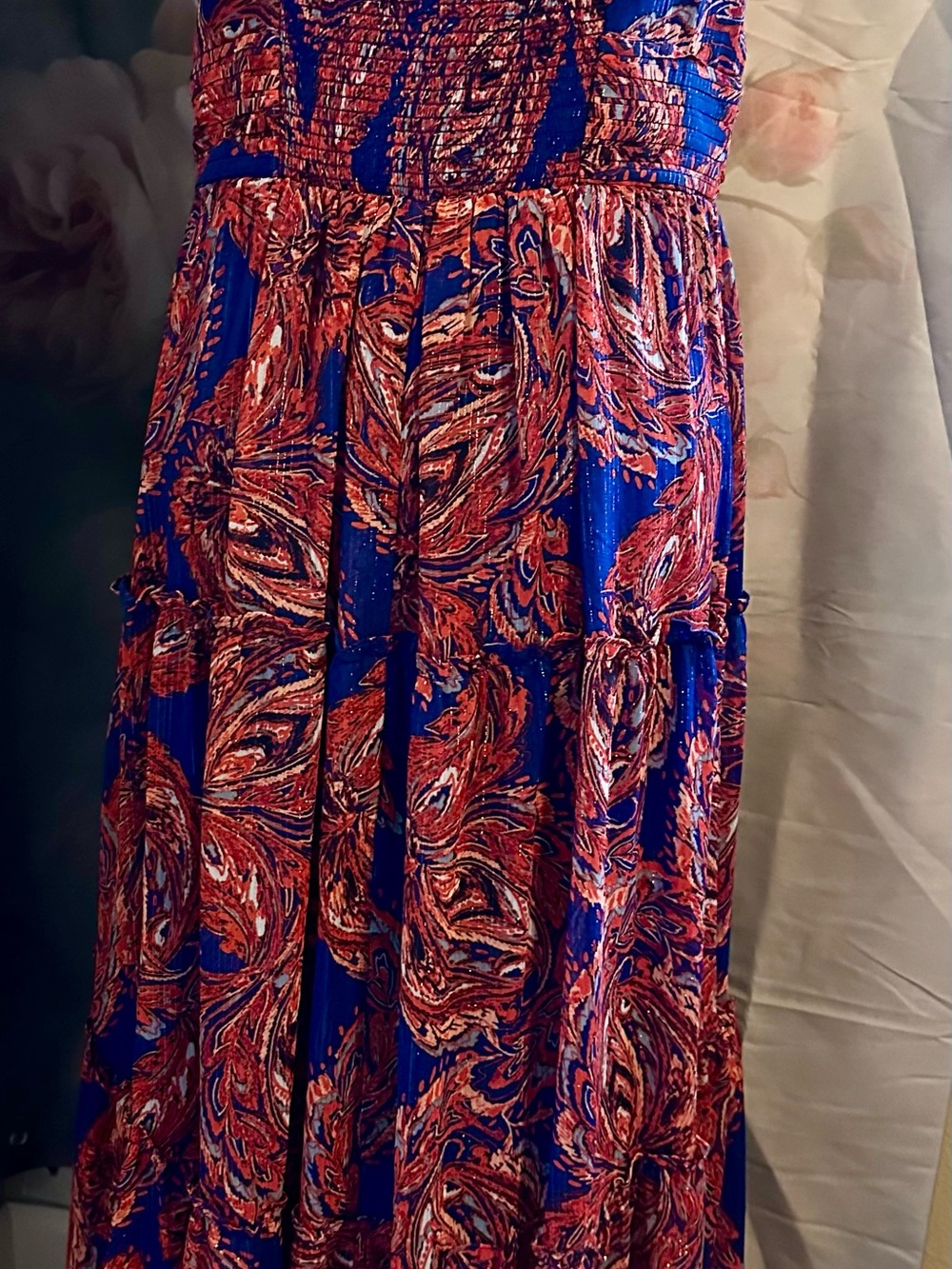 Sleeveless V-Neck Paisley Maxi Dress in Navy and Rust - Picture 2 of 5